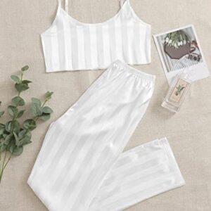 WDIRARA Women's Satin Striped Cami Top and Pants Soft Sleeveless Pajama Lounge Set White L