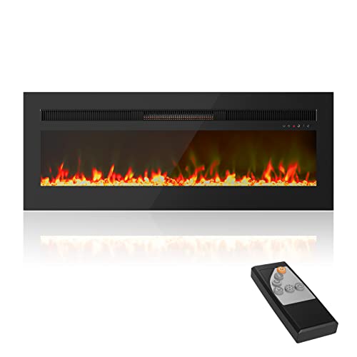 UMOMO 50 inch Electric Fireplace Recessed and Wall Mounted Electric Fireplace, Fireplace Heater and Linear Fireplace, with Timer, Remote Control, Adjustable 17 Flame Color, Logset/Crystal, 750w/1500w