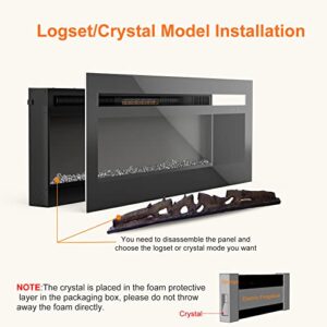 UMOMO 50 inch Electric Fireplace Recessed and Wall Mounted Electric Fireplace, Fireplace Heater and Linear Fireplace, with Timer, Remote Control, Adjustable 17 Flame Color, Logset/Crystal, 750w/1500w