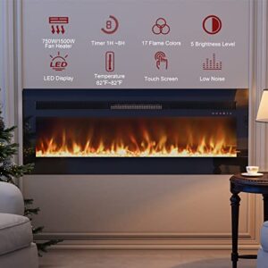 UMOMO 50 inch Electric Fireplace Recessed and Wall Mounted Electric Fireplace, Fireplace Heater and Linear Fireplace, with Timer, Remote Control, Adjustable 17 Flame Color, Logset/Crystal, 750w/1500w