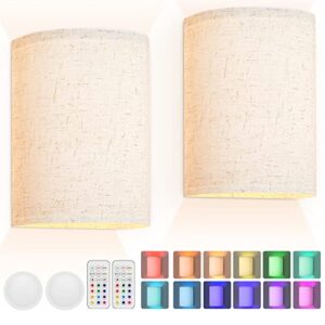 rechargeable wall sconce magnetic wireless lamp rgb colors dimmable with fabric linen shade and remote, lighting decor set of 2 for bedroom living room hallway