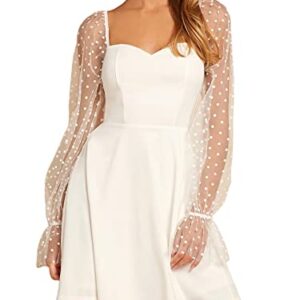 WDIRARA Women's Polka Dots Mesh Long Sleeve A Line Mini Flowy Wedding Guest Bridesmaid Dress White M