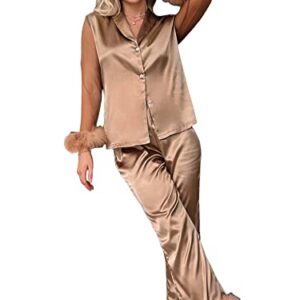 WDIRARA Women's Satin Fuzzy Trim Mesh Long Sleeve Button Down Pajamas Pants Set Sleepwear Mocha Brown S