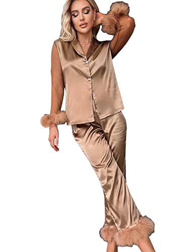 WDIRARA Women's Satin Fuzzy Trim Mesh Long Sleeve Button Down Pajamas Pants Set Sleepwear Mocha Brown S