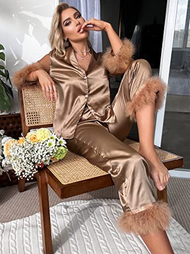 WDIRARA Women's Satin Fuzzy Trim Mesh Long Sleeve Button Down Pajamas Pants Set Sleepwear Mocha Brown S