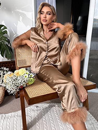 WDIRARA Women's Satin Fuzzy Trim Mesh Long Sleeve Button Down Pajamas Pants Set Sleepwear Mocha Brown S