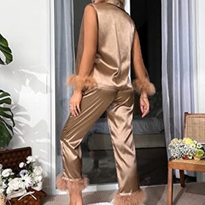 WDIRARA Women's Satin Fuzzy Trim Mesh Long Sleeve Button Down Pajamas Pants Set Sleepwear Mocha Brown S