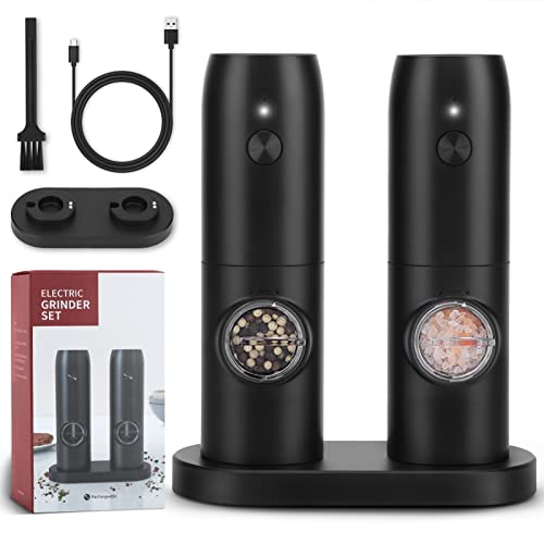 MOVAFEE Electric Salt and Pepper Grinder Set, Rechargeable Automatic Pepper Mill Set, Dual Charging Base, 1 Hand Operation, USB Cables, Refillable, No Battery Needed, LED Light, Adjustable Coarseness