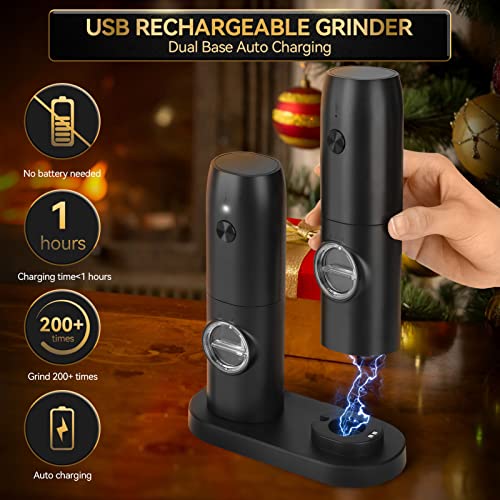 MOVAFEE Electric Salt and Pepper Grinder Set, Rechargeable Automatic Pepper Mill Set, Dual Charging Base, 1 Hand Operation, USB Cables, Refillable, No Battery Needed, LED Light, Adjustable Coarseness