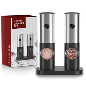 electric salt and pepper grinder set, eagmak battery powered automatic 70ml pepper mill grinders, stainless steel electronic mill shakers with adjustable coarseness, led light & storage base (2 pack)