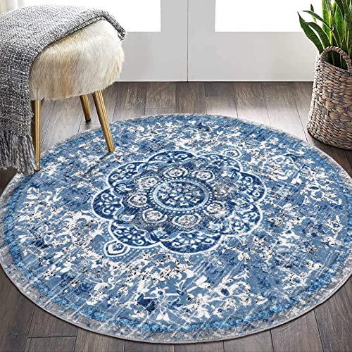 HEBE Boho Round Area Rug 4Ft Non Slip Washable Rug for Living Room Bedroom Vintage Distressed Medallion Round Rug Soft Circle Rug Throw Carpet for Dining Room Bathroom Nursery