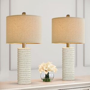 portres 24" farmhouse ceramic table lamp set of 2 for bedroom living room white desk decor bedside lamps for study room office dorm modern accent nightstand lamp end table lamps
