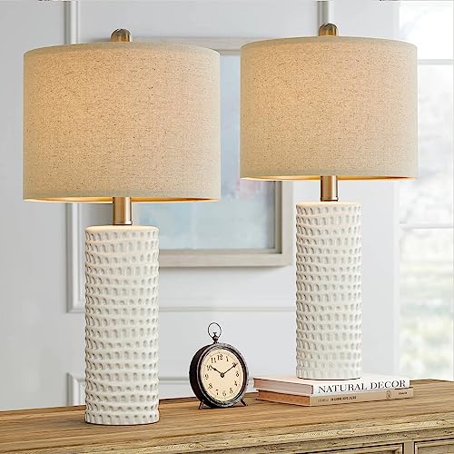 PORTRES 24" Farmhouse Ceramic Table Lamp Set of 2 for Bedroom Living Room White Desk Decor Bedside Lamps for Study Room Office Dorm Modern Accent Nightstand Lamp End Table Lamps