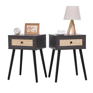 vipace set of 2 nightstands, end side bedside table with storage drawer and solid wood legs, mid-century modern night stands for bedroom living room furniture (dark brown&black legs)