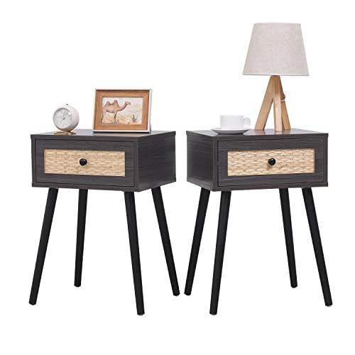 vipace Set of 2 Nightstands, End Side Bedside Table with Storage Drawer and Solid Wood Legs, Mid-Century Modern Night Stands for Bedroom Living Room Furniture (Dark Brown&Black Legs)