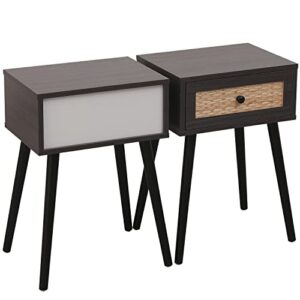 vipace Set of 2 Nightstands, End Side Bedside Table with Storage Drawer and Solid Wood Legs, Mid-Century Modern Night Stands for Bedroom Living Room Furniture (Dark Brown&Black Legs)