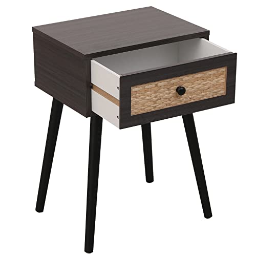 vipace Set of 2 Nightstands, End Side Bedside Table with Storage Drawer and Solid Wood Legs, Mid-Century Modern Night Stands for Bedroom Living Room Furniture (Dark Brown&Black Legs)