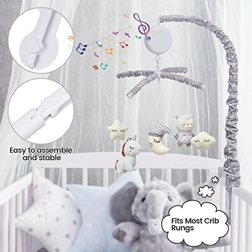 Baby Crib Mobile, Nursery Mobile for Crib with Music Motor Spinner, Musical Crib Toys for Infants 0-6 Months Girls and Boys, Crib Mount Mobiles with 36 lullabies, Gray