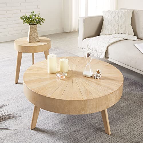 Gexpusm Round Wood Coffee Table, Farmhouse Table for Living Room, Solid Circle Center Wooden Rustic Natural 31.5 * 14IN(Contain Only Table)