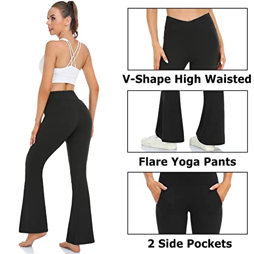 NEW YOUNG Women's Flare Yoga Pants with Pockets,Crossover Flare Leggings for Women High Waisted Workout Bootcut Leggings