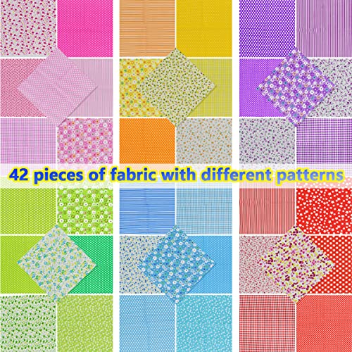 9.8X 9.8" 42Pcs Cotton Print Fabric Bundle Squares Pre-Cut Multicolor Design Printed Quilting Sewing Floral for Quilting Patchwork DIY Craft Scrapbooking Cloth (Red/Yellow/Green/Blue/Pink/Purple)