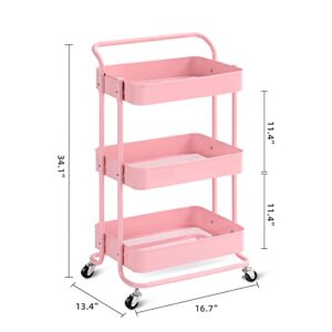 TOOLF 3 Tier Metal Rolling Cart, Utility Cart with Handle, Multifunction Storage Cart with Lockable Wheels, Serving Organizer Trolley with Mesh Basket for Kitchen, Bathroom, Office