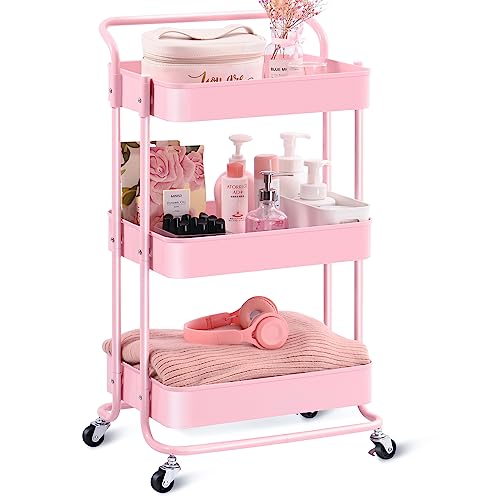 TOOLF 3 Tier Metal Rolling Cart, Utility Cart with Handle, Multifunction Storage Cart with Lockable Wheels, Serving Organizer Trolley with Mesh Basket for Kitchen, Bathroom, Office