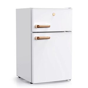 joy kitchen jr31twee10 2-door mini fridge with freezer adjustable thermostat, removable shelf, energy efficient, front leveling legs, 3.1 cu ft, white