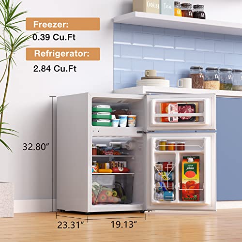 JOY Kitchen JR31TWEE10 2-Door Mini Fridge with Freezer Adjustable Thermostat, Removable Shelf, Energy Efficient, Front Leveling Legs, 3.1 Cu Ft, White