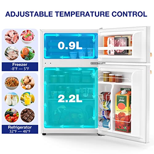 JOY Kitchen JR31TWEE10 2-Door Mini Fridge with Freezer Adjustable Thermostat, Removable Shelf, Energy Efficient, Front Leveling Legs, 3.1 Cu Ft, White