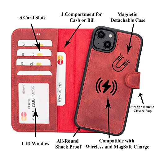 iPhone 14 Pro Max Case, Apple iPhone 14 Pro Wallet, Leather iPhone 14 Plus Cover, Handmade iPhone 14 Leather 2-in-1 Case Wallet (iPhone 14 Plus 6.7", Red)