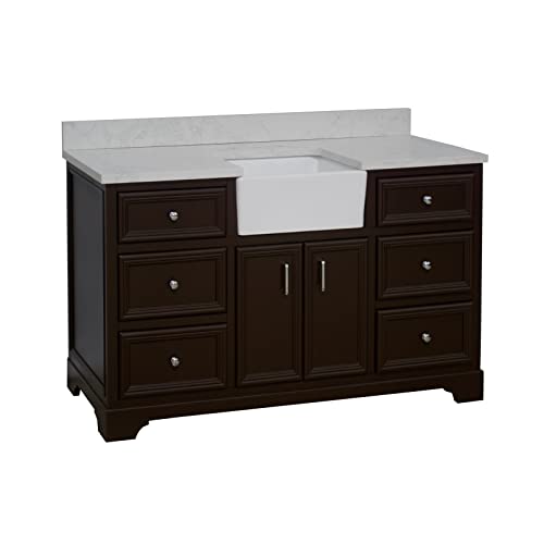 Kitchen Bath Collection Zelda 60-inch Single Farmhouse Vanity (Engineered Carrara/Chocolate): Includes Chocolate Cabinet with Engineered Carrara Countertop and White Ceramic Farmhouse Apron Sink