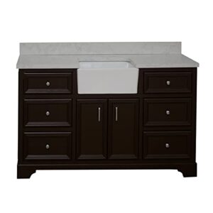 Kitchen Bath Collection Zelda 60-inch Single Farmhouse Vanity (Engineered Carrara/Chocolate): Includes Chocolate Cabinet with Engineered Carrara Countertop and White Ceramic Farmhouse Apron Sink