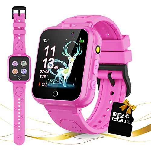 Retysaz Kids Game Smart Watch 24 Game Pedometer 2 HD Cameras Smartwatches for Children 3-14 Great Gifts to Girls Boys Electronic Learning Toys (Pink-A1)