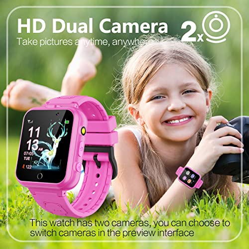 Retysaz Kids Game Smart Watch 24 Game Pedometer 2 HD Cameras Smartwatches for Children 3-14 Great Gifts to Girls Boys Electronic Learning Toys (Pink-A1)