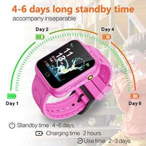 Retysaz Kids Game Smart Watch 24 Game Pedometer 2 HD Cameras Smartwatches for Children 3-14 Great Gifts to Girls Boys Electronic Learning Toys (Pink-A1)