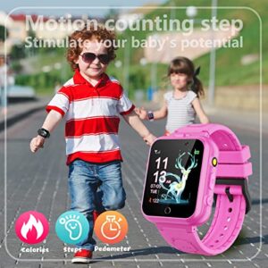 Retysaz Kids Game Smart Watch 24 Game Pedometer 2 HD Cameras Smartwatches for Children 3-14 Great Gifts to Girls Boys Electronic Learning Toys (Pink-A1)