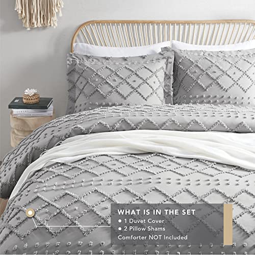 Codi Twyla Tufted Boho Duvet Cover Full/Queen Size, Grey Microfiber Bedding Set for All Seasons, Embroidery Shabby Chic Comforter Covers with Zipper, 3-Pieces Including Matching Pillow Shams(90"x 90")
