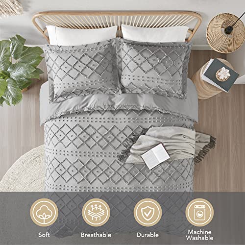 Codi Twyla Tufted Boho Duvet Cover Full/Queen Size, Grey Microfiber Bedding Set for All Seasons, Embroidery Shabby Chic Comforter Covers with Zipper, 3-Pieces Including Matching Pillow Shams(90"x 90")