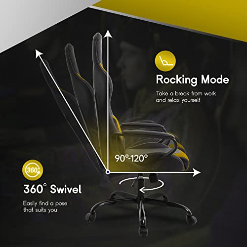 Gaming Chair Office Chair High Back Racing Computer Chair Task PU Desk Chair Ergonomic Swivel Rolling Chair with Lumbar Support for Home Office (Yellow, Pit)