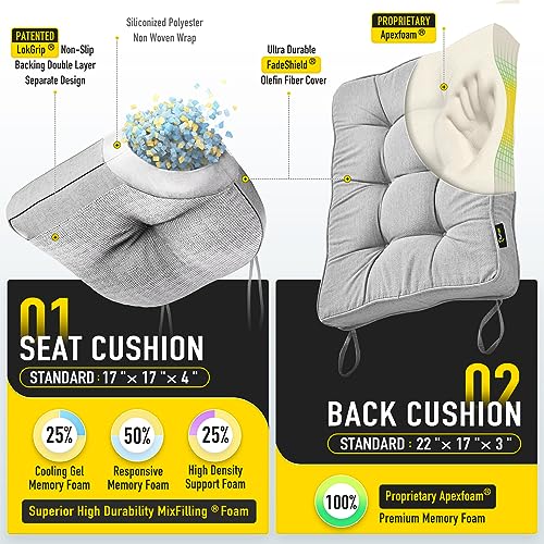 SUNROX Memory Foam Non Slip Rocking Chair Cushion, FadeShield Water Resistant Thicken Durable Tufted Pads, Set of Seat & Back Cushion with Ties for Indoor/Outdoor Rocker, 2 Piece, Heather Grey