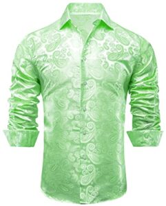 hi-tie light green dress shirt for men silk long sleeve paisley button down casual muscle fit spread collar shirts 15