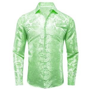 Hi-Tie Light Green Dress Shirt for Men Silk Long Sleeve Paisley Button Down Casual Muscle Fit Spread Collar Shirts 15