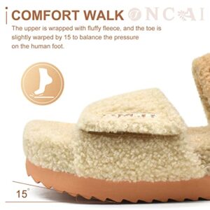 ONCAI Womens Open Toe Platform Slippers,Fluffy Arch Support Sherpa Slides,Faux Fur Sandals with Memory Foam Footbed and Adjustable Strap Beige US Size 9