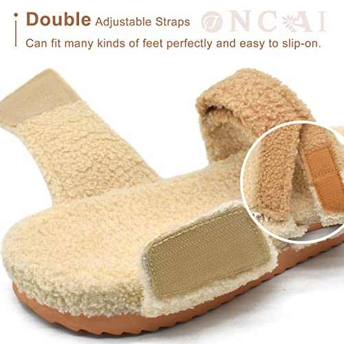 ONCAI Womens Open Toe Platform Slippers,Fluffy Arch Support Sherpa Slides,Faux Fur Sandals with Memory Foam Footbed and Adjustable Strap Beige US Size 9