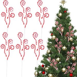 6 pcs 16 inch red white christmas tree picks decoration candy cane woolen curly pick lollipop large for xmas tree topper decor home vase filler craft wreath holiday party ornament garland