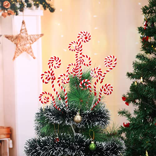 6 Pcs 16 Inch Red White Christmas Tree Picks Decoration Candy Cane Woolen Curly Pick Lollipop Large for Xmas Tree Topper Decor Home Vase Filler Craft Wreath Holiday Party Ornament Garland