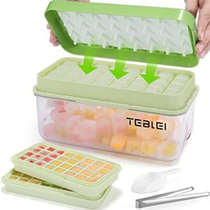 teblei ice cube tray with lid and bin, 64 pcs silicone ice cube trays for freezer, easy release & save space, 2 ice trays with tongs and scoop, for whiskey, cocktail | bpa free