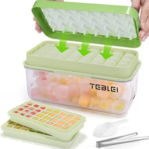 TEBLEI Ice Cube Tray with Lid and Bin, 64 Pcs Silicone Ice Cube Trays for Freezer, Easy Release & Save Space, 2 Ice Trays with Tongs and Scoop, for Whiskey, Cocktail | BPA Free