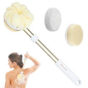 3 in 1 bath body brush - long handle back scrubber for shower, double side shower brush with pumice stone, bristles and loofah, exfoliating body brush set for men and women exfoliate massage